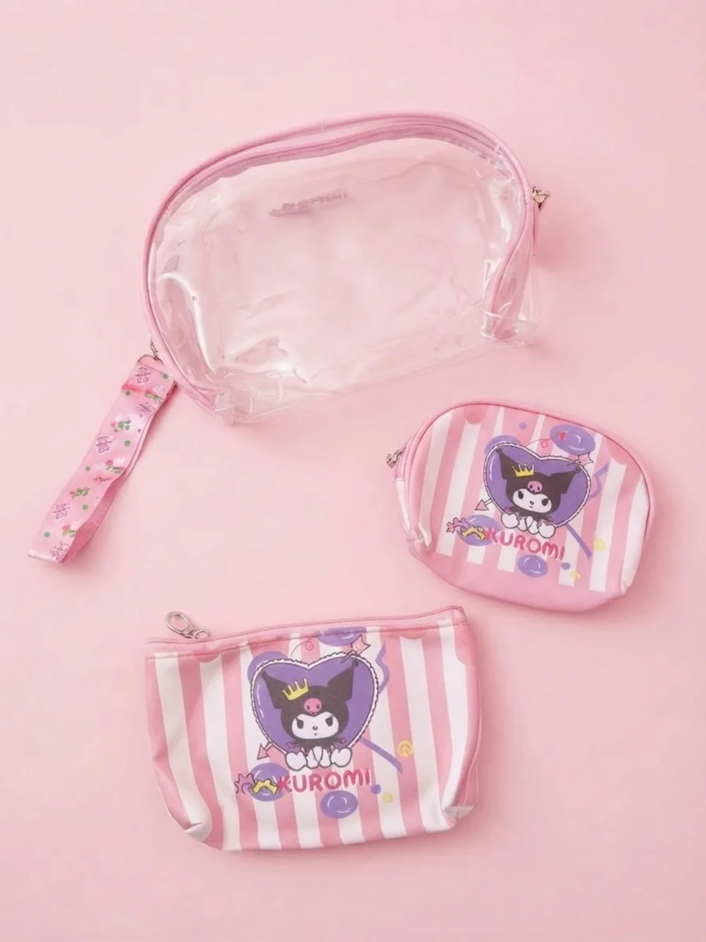 Pink Clear & Striped Kids Accessory Pouch Set